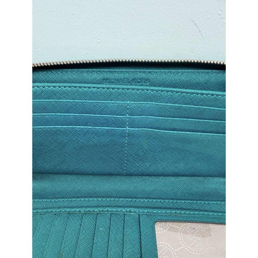 Michael Kors Silver Zip-Around Wallet‎ w/ Zipper Logo, Credit Card Teal #66 - Picture 4 of 9